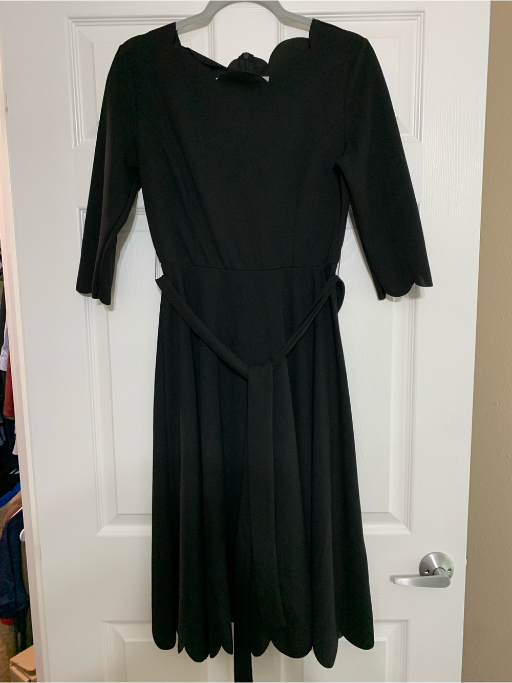 Women's Black Scallop Hem Midi Dress with Tie Waist